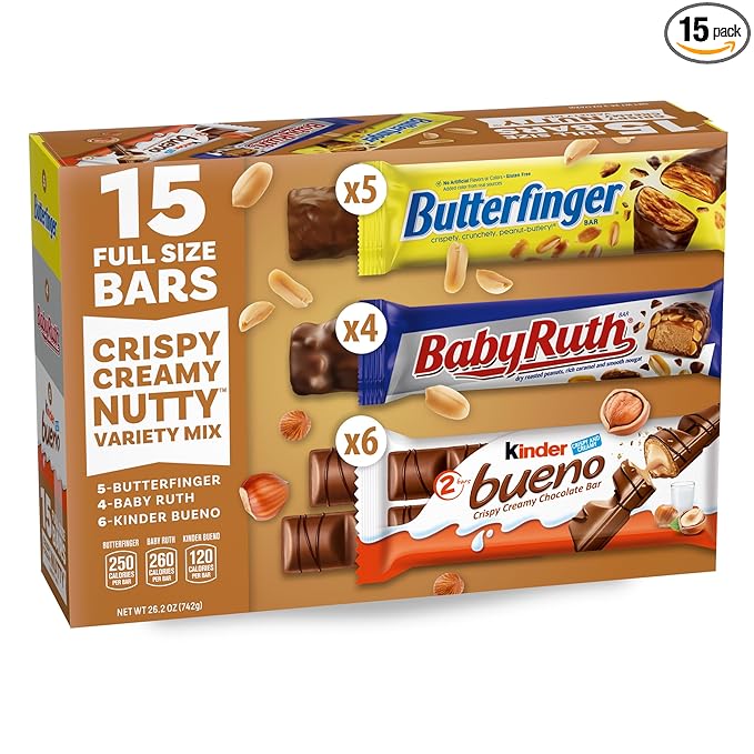 Butterfinger Baby Ruth Kinder Bueno Assorted Crispy Creamy Nutty Variety Mix 15 Count Full Size Candy Bars 26.2 oz