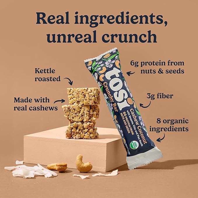 Tosi Nut Bars Cashew Coconut Healthy Snacks for Adults &amp Kids Plant Based Crunchy Bars (6G Protein) Organic Keto Snacks Vegan Gluten &amp Soy Free Low Sugar Omega 3s 1oz 12-Pack