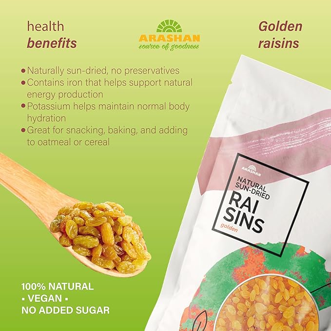 Arashan Golden Raisins – 380g (13.4 oz) – All Natural No Sugar Added – Sweet &amp Juicy – Healthy Dried Fruit Snack – Vegan &amp Gluten-Free – Non-GMO – Resealable Bag Pack of 1