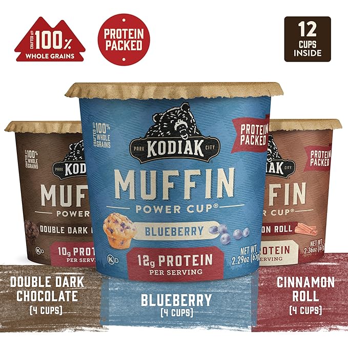Kodiak Cakes Minute Muffin Cup Variety Pack - 100% Whole Grains Double Dark Chocolate Blueberry &amp Cinnamon Roll 2.36 oz (Pack of 12)