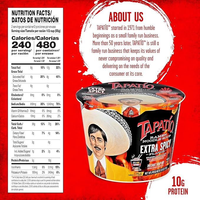 Tapatío Ramen Noodle Soup Extra Spicy - Microwaveable Big Bowl 3.88 oz. (110g) 6-Pack