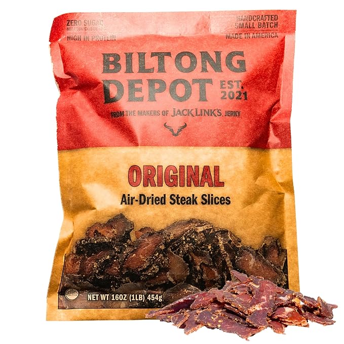 Biltong Depot Lean Original Biltong Slices - 1lb (16oz) | Air-Dried Beef Jerky Snack | High Protein | Paleo &amp Keto Friendly | Zero Sugar | Gluten Free | No Artificial Preservatives | No MSG