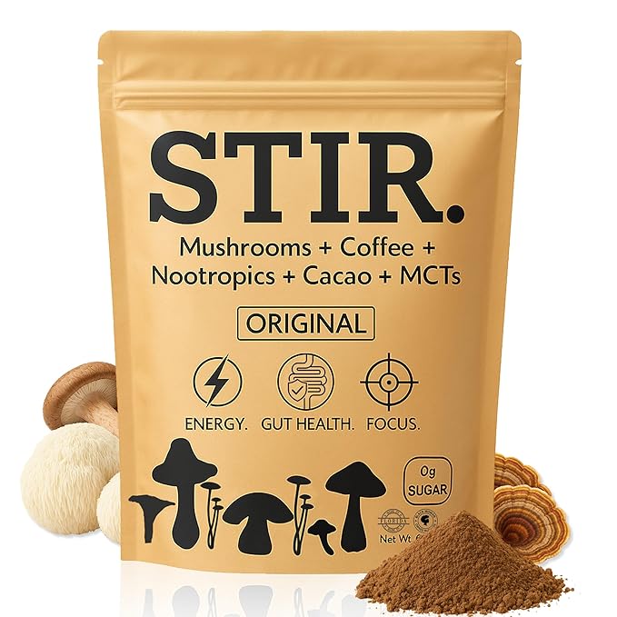 STIR Premium Instant Mushroom Coffee | Lion’s Mane Chaga Reishi Cordyceps Shiitake Turkey Tail | Organic Cacao Vanilla Coconut MCTs | Focus Energy Digestion Support | 30 Servings