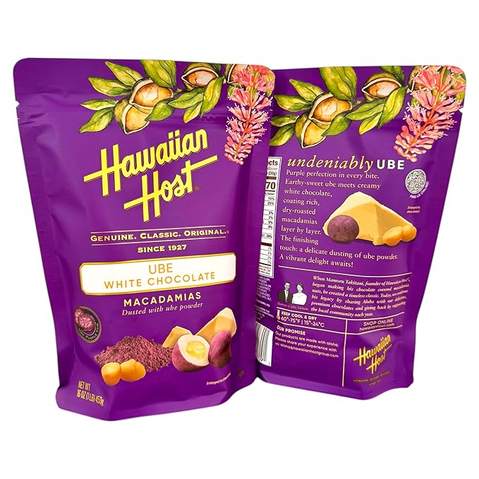Hawaiian Host Ube White Chocolate Macadamias 2-Pack (16 oz Each) – Premium Dry-Roasted Macadamia Nuts Coated in Ube Powder &amp Creamy White Chocolate