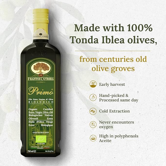Frantoi Cutrera Primo Cold Extracted Italian Organic Extra Virgin Olive Oil Cold Pressed Polyphenol Rich Olive Oil Authentic Certified DOP Sicilian EVOO Imported From Italy 25.4 fl oz (Pack of 1)