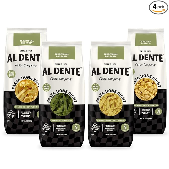 Al Dente Traditional Variety 4-Pack – All-Natural Hand-Crafted Egg Pasta. Includes Egg Spinach Garlic Parsley Fettuccine and Golden Bonnetti. (Packaging May Vary) - 12oz Bags (Pack of 4)
