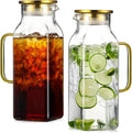 2 Pack 2 Liters/68 oz Square Glass Pitcher with Lid and Handle for Fridge Iced Tea and Coffee Carafe Beverage Serveware Heat Resistant Borosilicate Water Gold Jug for Hot/Cold Drinks and Milk
