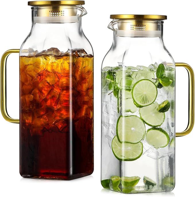 2 Pack 2 Liters/68 oz Square Glass Pitcher with Lid and Handle for Fridge Iced Tea and Coffee Carafe Beverage Serveware Heat Resistant Borosilicate Water Gold Jug for Hot/Cold Drinks and Milk