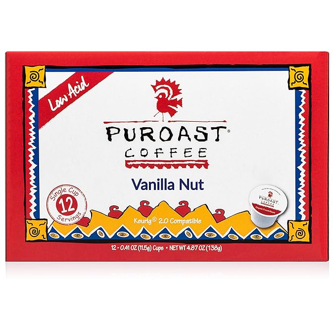 Puroast Low Acid Coffee Pods – Vanilla Medium Roast &amp House Blend Medium Roast – Single Serve Pods – Flavored Low Acid Coffee – Keurig Compatible – High Antioxidants – GERD Friendly – 2 Pack 12 Ct