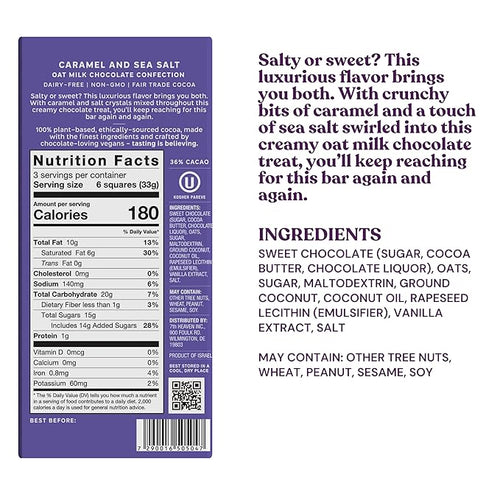 7th Heaven Vegan Oat Milk Chocolate Bars: Caramel and Sea Salt - (3.5 oz - 4 Pack) Healthy Chocolate Perfect Valentines Gift For Your Loved Ones 100% Dairy Free Non GMO Kosher Parve Cruelty Fre