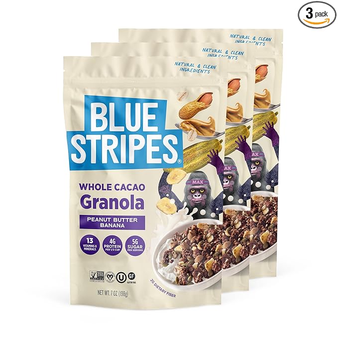 Blue Stripes Whole Cacao Granola - Gluten Free Dark Chocolate Granola for Cereal Oatmeal Yogurt 5g Protein Per Serving Source of Fiber Vegan Low Sugar - Peanut Butter Banana 7 oz (3 Pack)