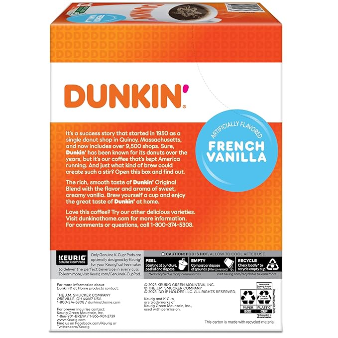 Dunkin' Donuts French Vanilla Keurig Single Serve K-Cup Pods Light Roast 22 Pods Per Pack Case Of 4 Packs