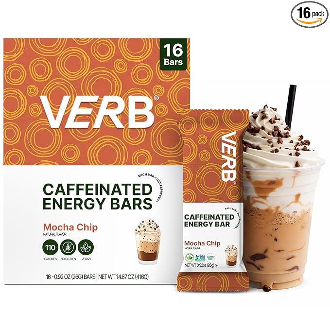 Verb Caffeinated Energy Bars Mocha Chip (26g Pack of 16) 110-Calorie Delicious Low Sugar Energy Bar - Vegan Gluten Free On-the Go Snack with 80mg Green Tea Caffeine Only Real-Food Ingredients