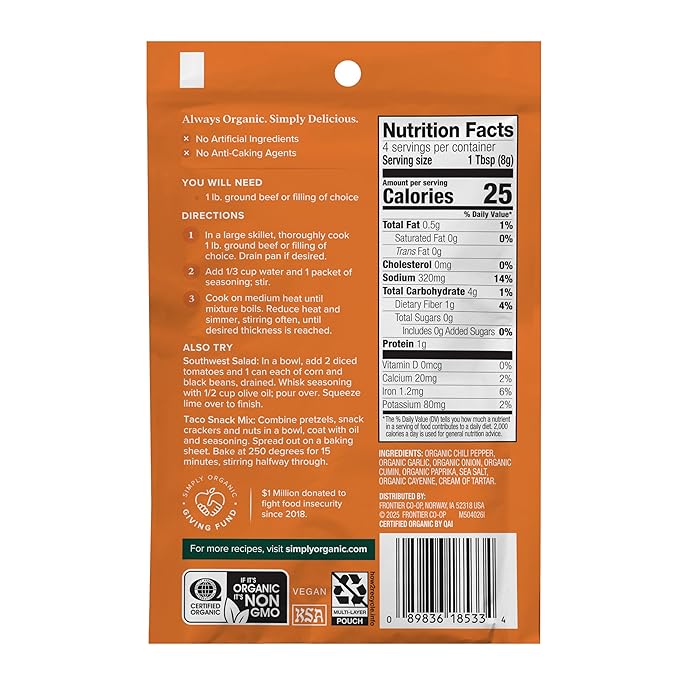 Simply Organic Southwest Taco Seasoning Mix Gluten Free Certified Organic Kosher Pure Flavor for Tacos Stir-Fries Mexican Dishes and More | 1.13 Ounce (Pack of 12)