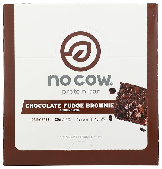No Cow Vegan Protein Bars Upgraded Chocolate Fudge Brownie | 20g Plant Based Protein Gluten Free Dairy Free Soy Free Keto Friendly Low Sugar High Fiber Snack Bars | Pack of 12