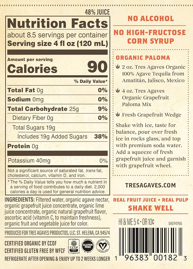 Tres Agaves Organic Grapefruit Paloma Mix – Made with Real Grapefruit &amp Lime Juice Agave Nectar – 90 Calories per Serving – Vegan Gluten-Free 750ml Bottle (2 Pack)
