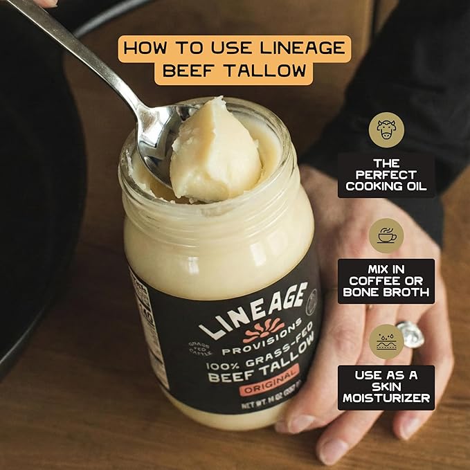 Lineage Provisions - 100% Grass-Fed &amp Finished Beef Tallow – 3-Pack Glass Jars – US-Raised Cattle – Nose-to-Tail Rendered – Cooking Oil Alternative Keto &amp Paleo Friendly