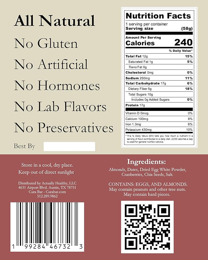 CuraBar Protein Bars – 17g Protein Low Carb Gluten Free Dairy Free Healthy Snack Seed Oil Free No Artificial Ingredients 12 Count Cranberry Chia