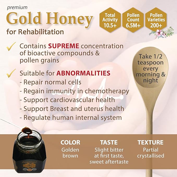 Premium Tualang Gold Honey 8.8oz (TA 10.5+ Pollen Count 6.5M+ Pollen Variety 200+) Supreme Choice for Rehabilitation Wild-ripening on 250ft Treetop Raw Unpasteurised Unfiltered
