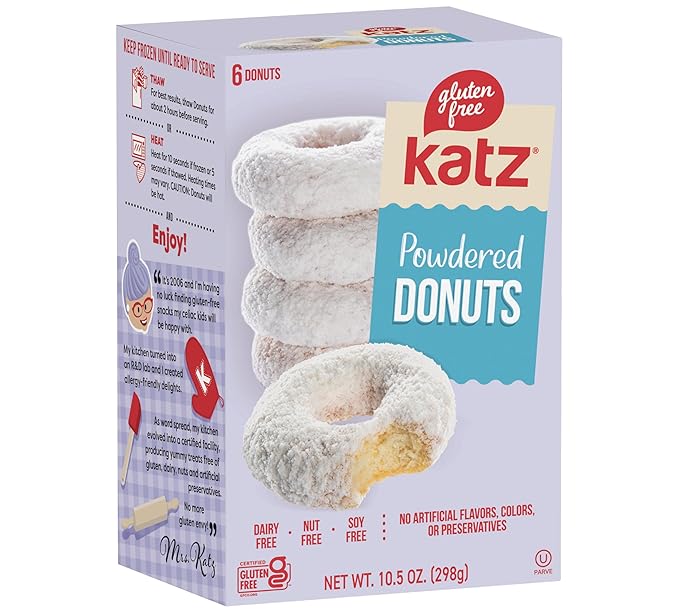 Katz Gluten Free 8pk. 2 Flavors Crème Cakes 2 Flavors Crème Cupcakes 4 Flavors Donuts. Free of Gluten Dairy Tree Nuts Peanuts Sesame and Soy. Kosher.