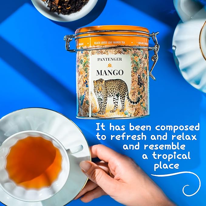 Mango Balck Tea Loose Leaf 3.5 Oz. USDA Organic. Pantenger Mango is a Tea Blend of Organic Black Tea Leaves with Mango Pieces and Marigold Petals. Drink Hot or Iced.