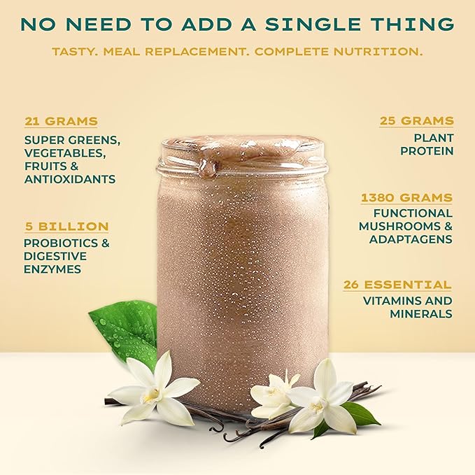 All-In-One Complete Nutrition Meal Shake | 90+ superfoods &amp nutrients 21g Organic Fruits &amp Veggies 25g Plant-Based Protein | Vegan Friendly | Best Meal Replacement Shake Powder | 33.3oz