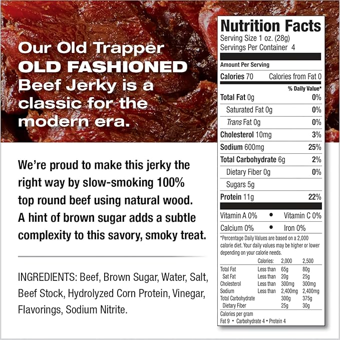 Old Trapper Beef Jerky Old-Fashioned 1/4-Pound Individual Package Tender Meat Snacks for Lunches or Between Meals 11 Grams of Protein Zero Grams of Fat 70 Calories per Serving (Pack of 8)