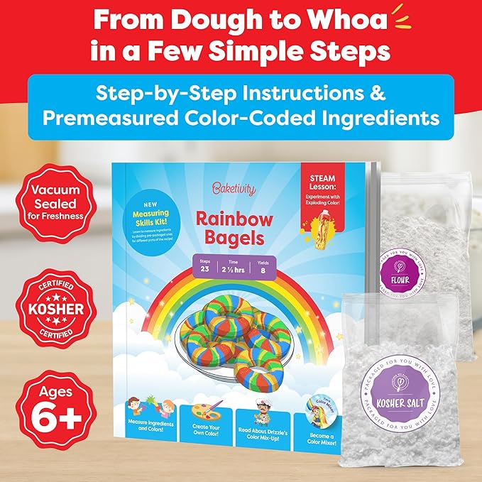Baketivity Rainbow Bagel Kids Baking Kit - Baking Kits for Kids with Premeasured Ingredients Step-By-Step Instructions Video Guide and STEM Lessons - Cooking for Ages 6-12+