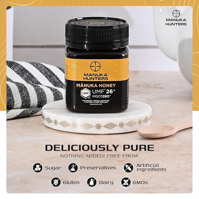 Manuka Hunters UMF 26+/MGO 1280+ Certified New Zealand Manuka Honey - 100% Pure Natural Sweetener - Gluten Dairy Free - Ideal for Tea Coffee Smoothies and Baking - Sustainable - 8.8oz/250g Jar
