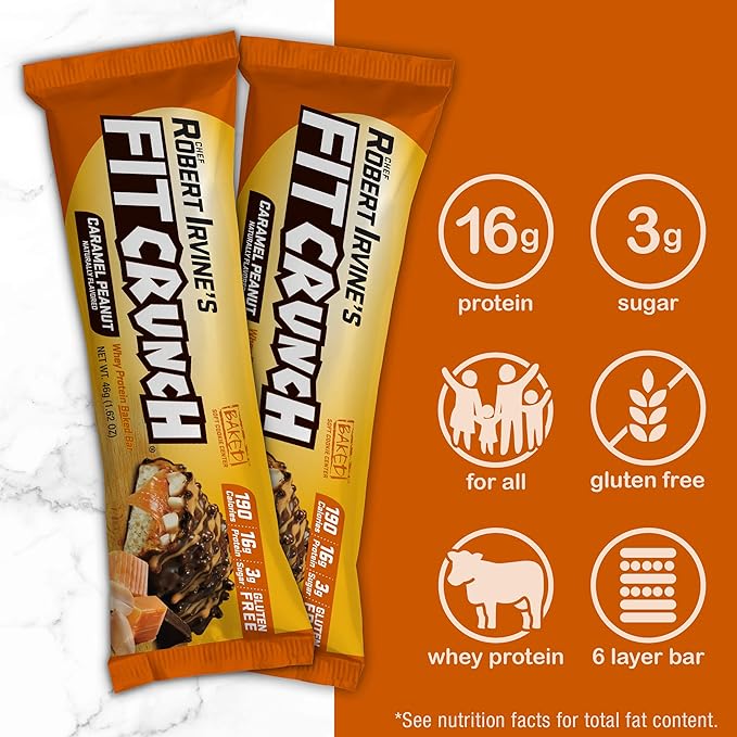 FITCRUNCH Snack Size Protein Bars 6-Layer Baked Bar 3g of Sugar &amp Soft Cake Core (18 Bars Caramel Peanut)