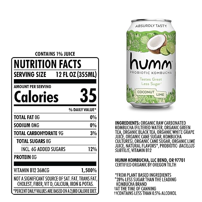 Humm Kombucha Coconut Lime Organic Vegan &amp GMO Free (24 Pack)