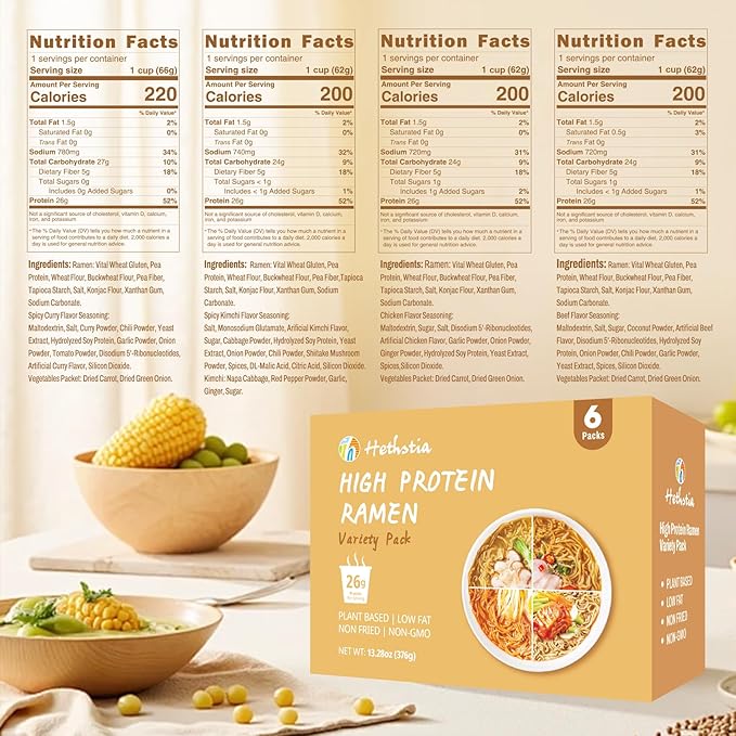 Hethstia High-Protein Ramen Cup Variety &amp Konjac Shirataki Noodle Soup Cups 14 Pack Plant-Based Low Sugar Low Fat Vegan Ready-to-Eat Meals