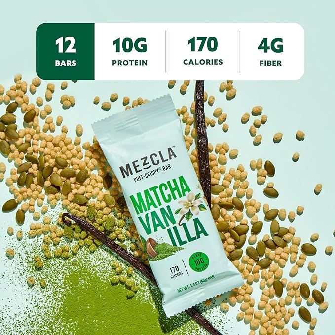 Mezcla Puff-Crispy Plant Based Protein Bars - Matcha Vanilla - Healthy Snacks for Adults &amp Matcha Latte Fans - Best School Travel Office Snacks - Gluten Free Vegan Non GMO 10g Protein - 12 Co