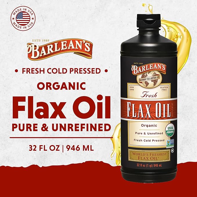 Barlean's Organic Flaxseed Oil Liquid Supplement Cold Pressed 7640mg ALA Omega-3 per Tbsp Vegan and Gluten Free 32 oz