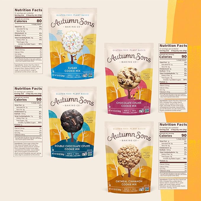 Autumn Sons Baking Co. Gluten Free Cookie Mix Variety Pack. Sugar Cookie Chocolate Chunk Double Chocolate Chunk &amp Oatmeal Cinnamon. Vegan Plant Based Baking Mix. Top 9 Allergen Free. 9.3 oz (Pac