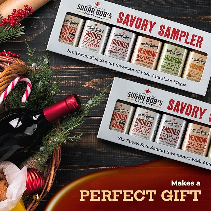 Sugar Bob's Finest Kind - Savory Maple Pantry 6 Flavor Variety Pack - Smoked Maple Syrup BBQ Sauce Maple Sriracha Hot Sauces &amp More - 2 oz Size