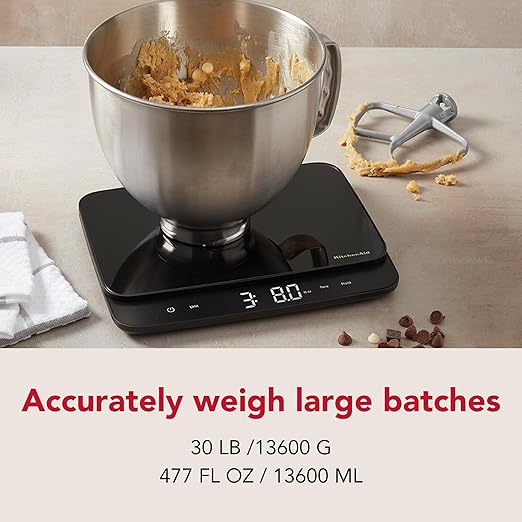 KitchenAid KQ917 High Capacity Glass Surface Digital Kitchen and Food Scale 30 Pound Capacity and Precision Grams Ounces Pounds Fluid Ounces &amp Milliliters LED Tare Function Black
