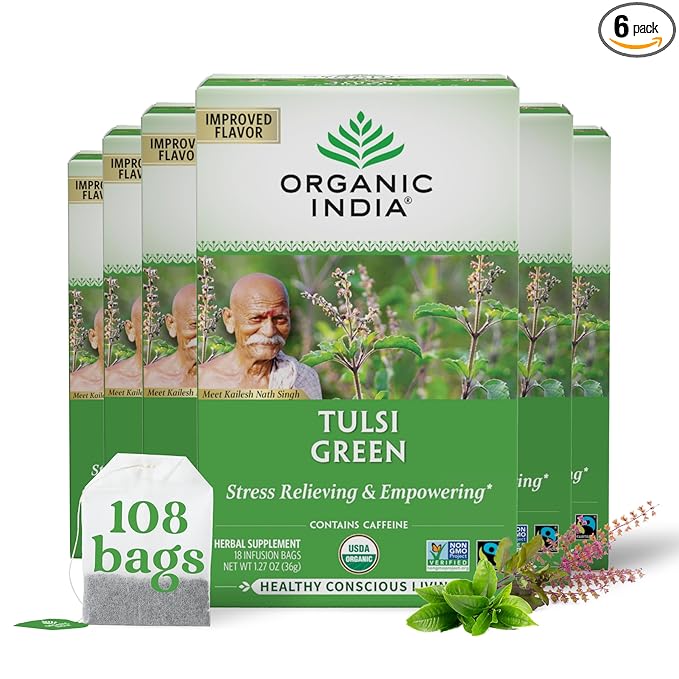 Organic India Tulsi Green Herbal Tea - Stress Relieving &amp Balancing Immune Support Adaptogen Vegan USDA Certified Organic Caffeine-Free - 18 Infusion Bags 6 Pack