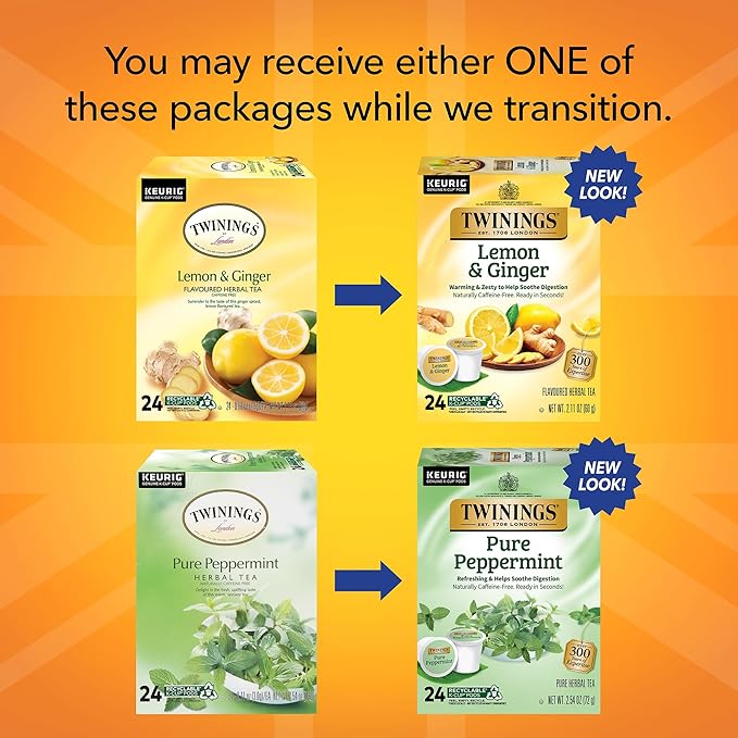 Twinings Pure Peppermint Herbal Tea K-Cups for Keurig 24 Count (Pack of 1) + Lemon &amp Ginger Herbal Tea K-Cups for Keurig 24 Count (Pack of 1)