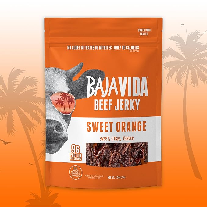 BAJA BEEF Baja Vida Sweet Orange Beef Jerky - Beef Jerky Snack Packs Healthy Jerky Gluten-Free All-Natural Beef No MSG Made in the USA - 2.5 Oz (Pack of 3)