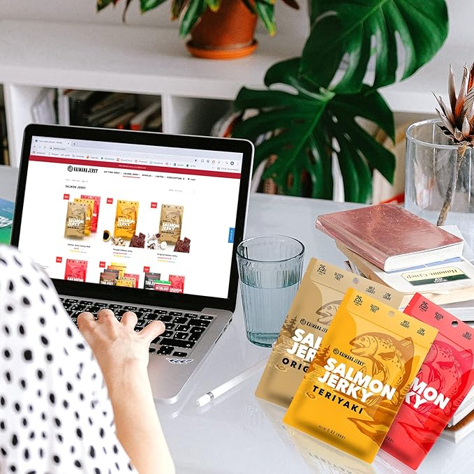 Kaimana Jerky Wild Caught Salmon Jerky - Organic Dried Fish Strips Rich in Omega-3 Protein - Low-Calorie Seafood Snack with No Gluten Less Sodium &amp Sugar - Original Teriyaki Spicy Flavors - 3-
