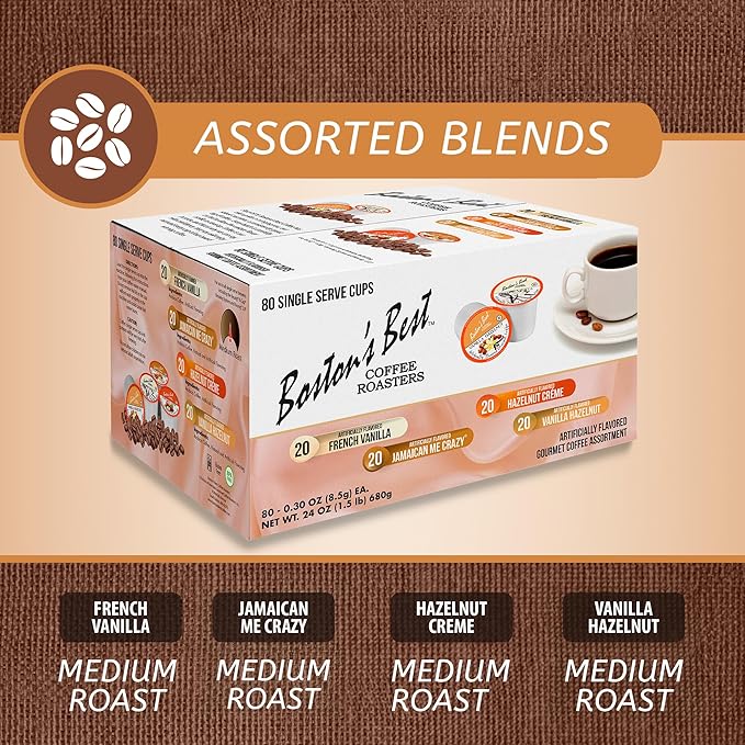 Boston’s Best Coffee Roasters Single Serve Cups - Assorted Coffee Pods – French Vanilla Jamaican Me Crazy Hazelnut Crème &amp Vanilla Hazelnut – 80 Ct