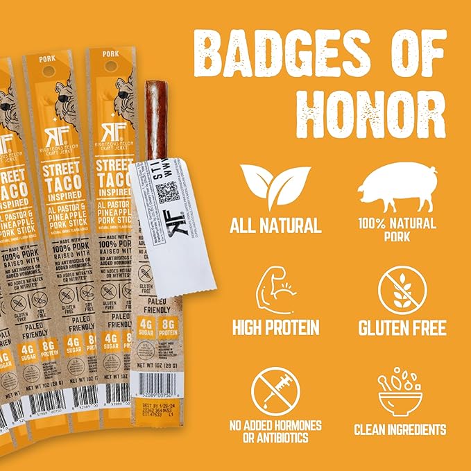Righteous Felon Mini Meat Sticks | 100% Pork Sticks | Keto Gluten Free Low Sugar High Protein Snacks | Healthy Meat Snacks for Kids &amp Adults | Street Taco Pork Sticks 24 Count
