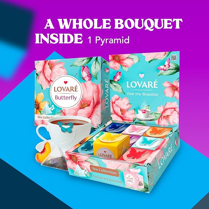 LOVARE Assorted Tea Pyramid Bags 45 Pack - Made in Ukraine - 9 Tastes of Tea Sampler Pyramids - Assortment with Black and Green Tea Fruits Flowers Berries - Flavored Gift Box