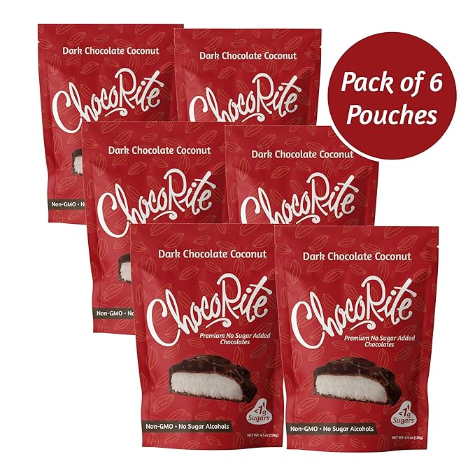 ChocoRite Dark Chocolate Coconut | No Added Sugar | Gluten Free Soy Free Non-GMO | No Sugar Alcohols | Pack of 6 Pouches