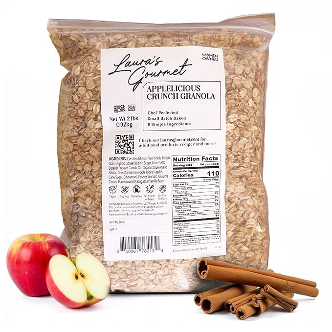 Laura's Gourmet Granola - AppleLicious Crunch - Gluten Soy &amp Dairy Free - Organic Agave Chewy Cinnamon Diced Apples Vegan Artisan Chef's Trifecta of Taste Texture &amp Mouthfeel - 2 LB