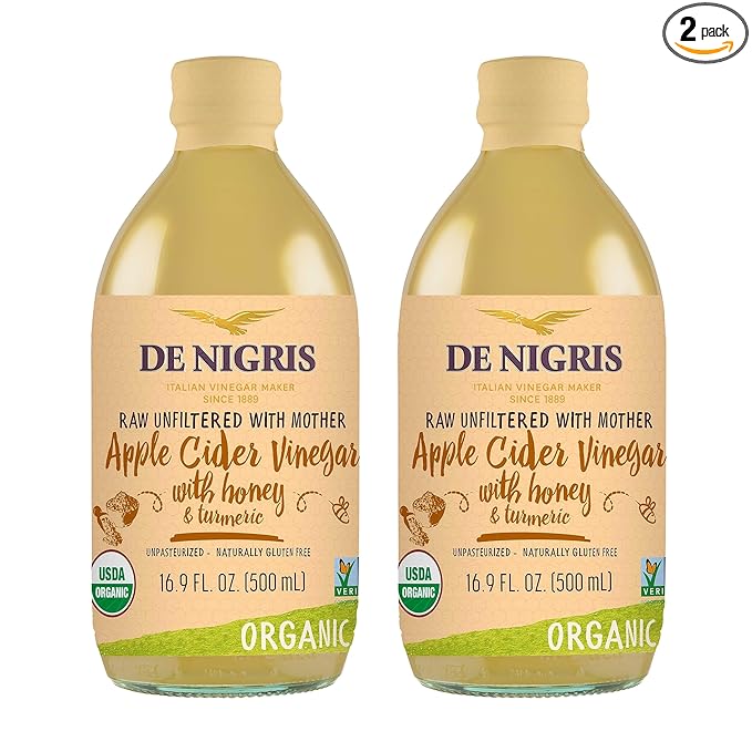 De Nigris Organic Apple Cider Vinegar With Honey &amp Turmeric Raw &amp Unfiltered 169 Oz (Pack of 2) | Apple Cider Vinegar With Mother For The Balance Of Metabolism Organic