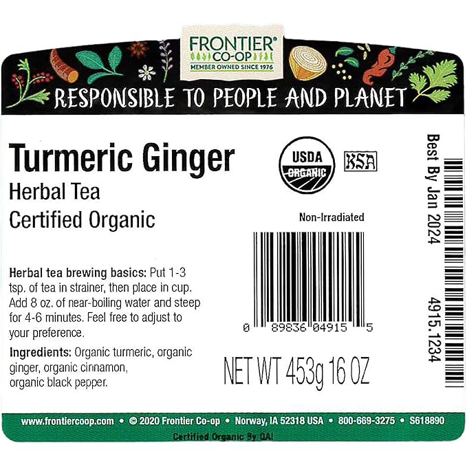 Frontier Co-op Organic Turmeric Ginger Blend 1lb Bulk Bag – Warming Tea Blend for Turmeric Ginger Tea Smoothies Cooking and Health Remedies Kosher