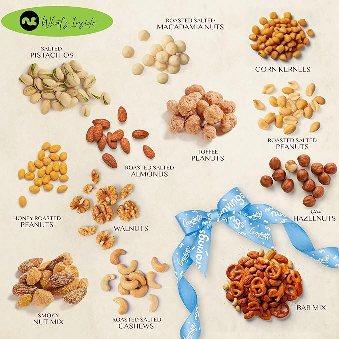 NUT CRAVINGS Gourmet Collection - Congratulations Nuts Gift Basket with Congrats Ribbon + Greeting Card in Reusable Wooden Tray (12 Assortments) Graduation Food Arrangement Healthy Snack