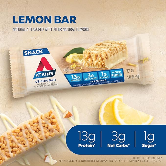Atkins Lemon Flavored Snack BarHigh Protein BarLow Sugar and Low CarbKeto Friendly SnackGluten FreeHigh in FiberMade with Real Almond Butter16 Count (Pack of 2)
